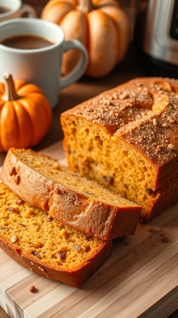 Starbucks-Style Pumpkin Bread Recipe A loaf of pumpkin bread sliced, showcasing its moist texture, with a cup of coffee and a pumpkin in the background.
